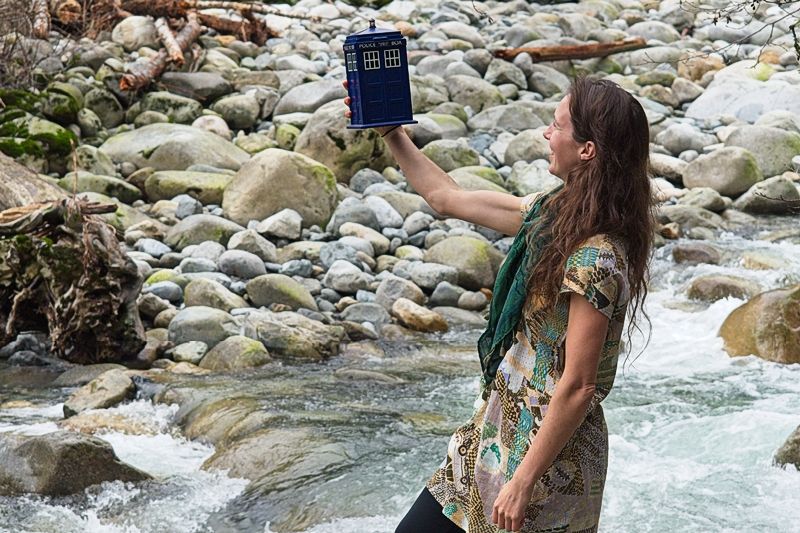 A portrait of Ellie with the TARDIS at Lynn Canyon